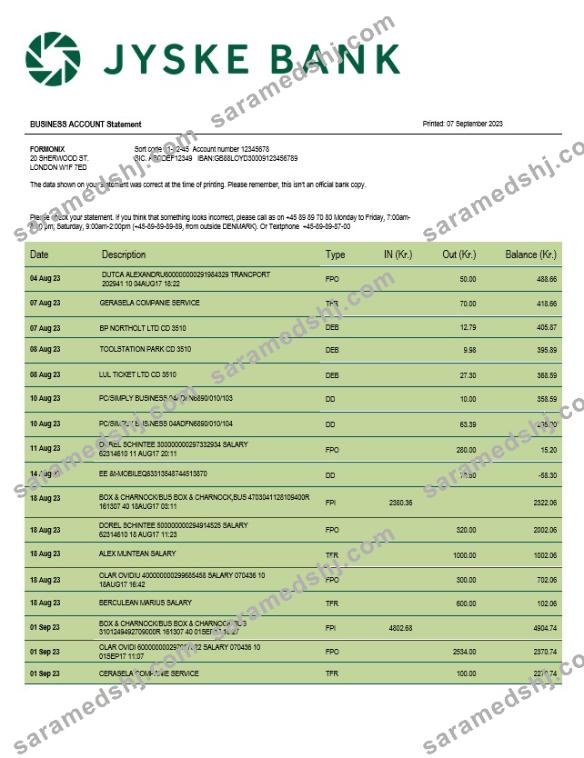 Jyske Bank business statement Word and PDF template